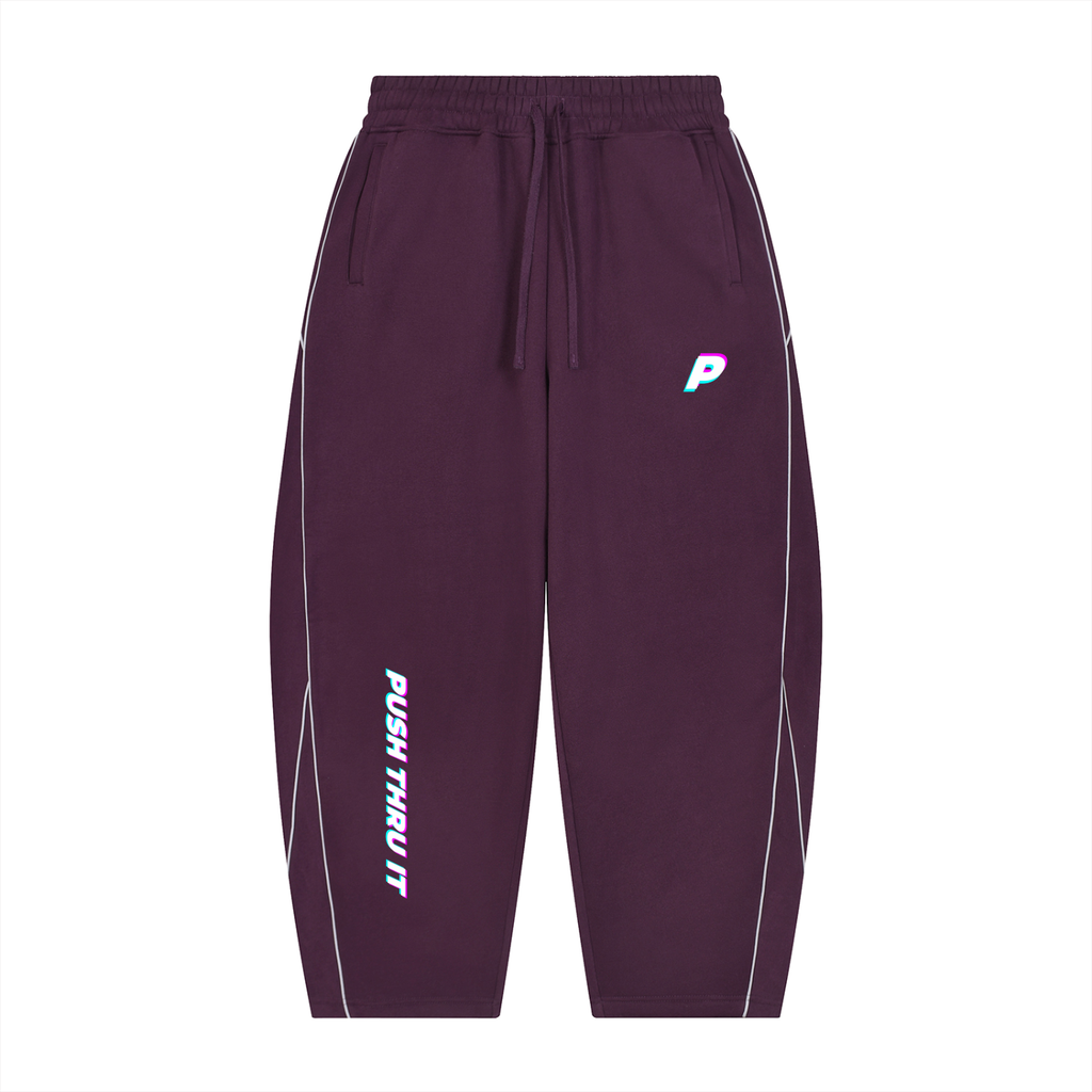 Sporty Unisex Piping Fleece Barrel Wide Leg Sweatpants - Push Thru It Tri-Color Logo Print