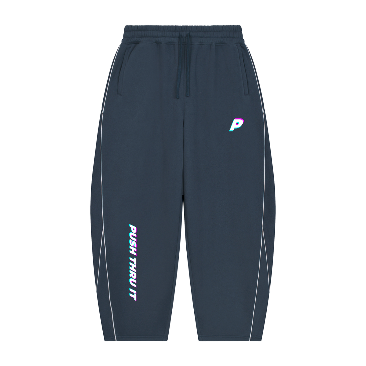 Sporty Unisex Piping Fleece Barrel Wide Leg Sweatpants - Push Thru It Tri-Color Logo Print