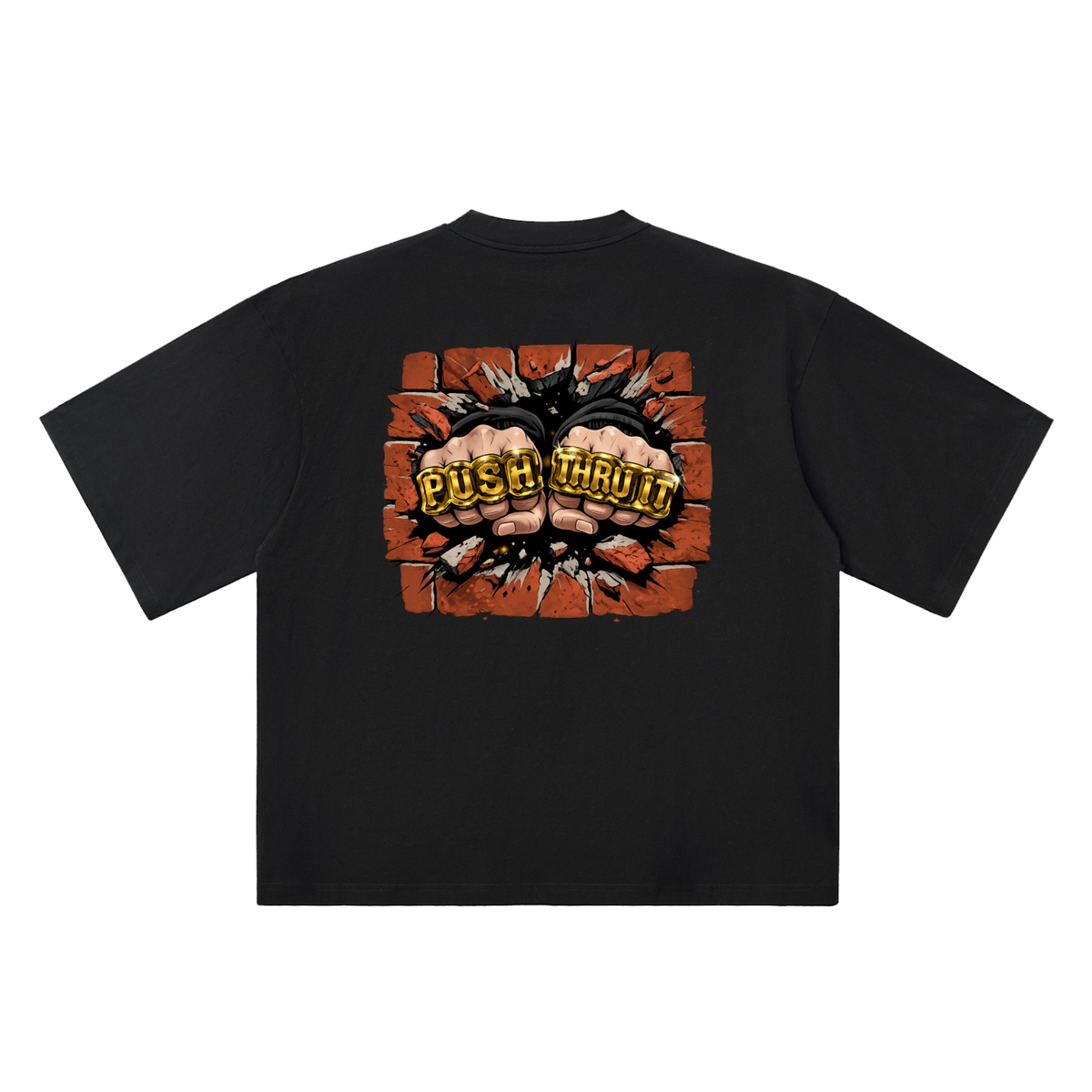 Oversized Drop Shoulder Quarter Sleeve T-Shirt - Men's Push Thru It Brick Wall Graphic Back Print VL