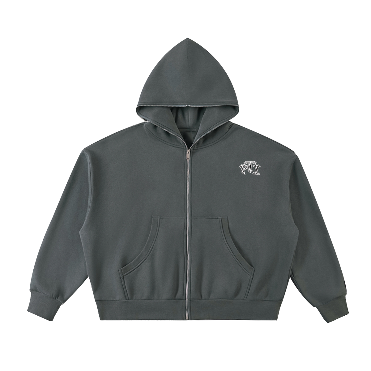 Full-Zip Fleece Drop-Shoulder Cropped Boxy Hoodie - Grow Through The Struggle Chrome Back Print