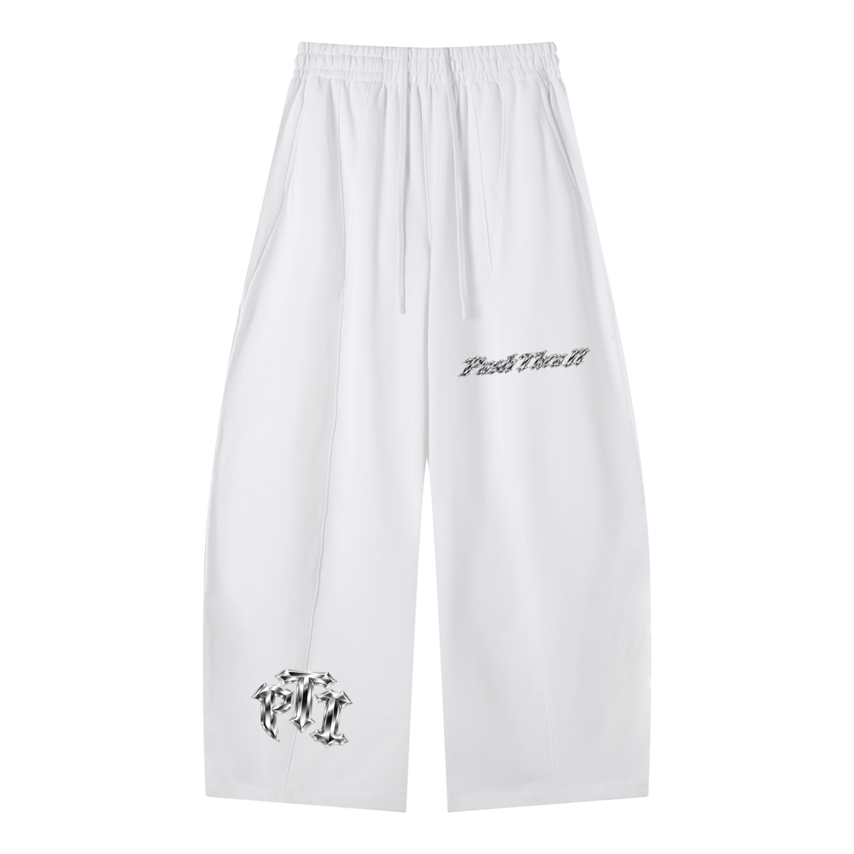 Heavyweight Drawstring Waistband Wide Leg Panel Sweatpants - Push Thru It Chrome Print