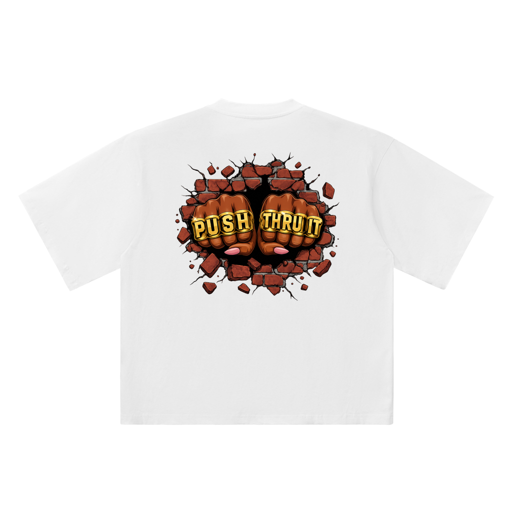 Oversized Drop Shoulder Quarter Sleeve T-Shirt - Women's Push Thru It Brick Wall Graphic Back Print VT
