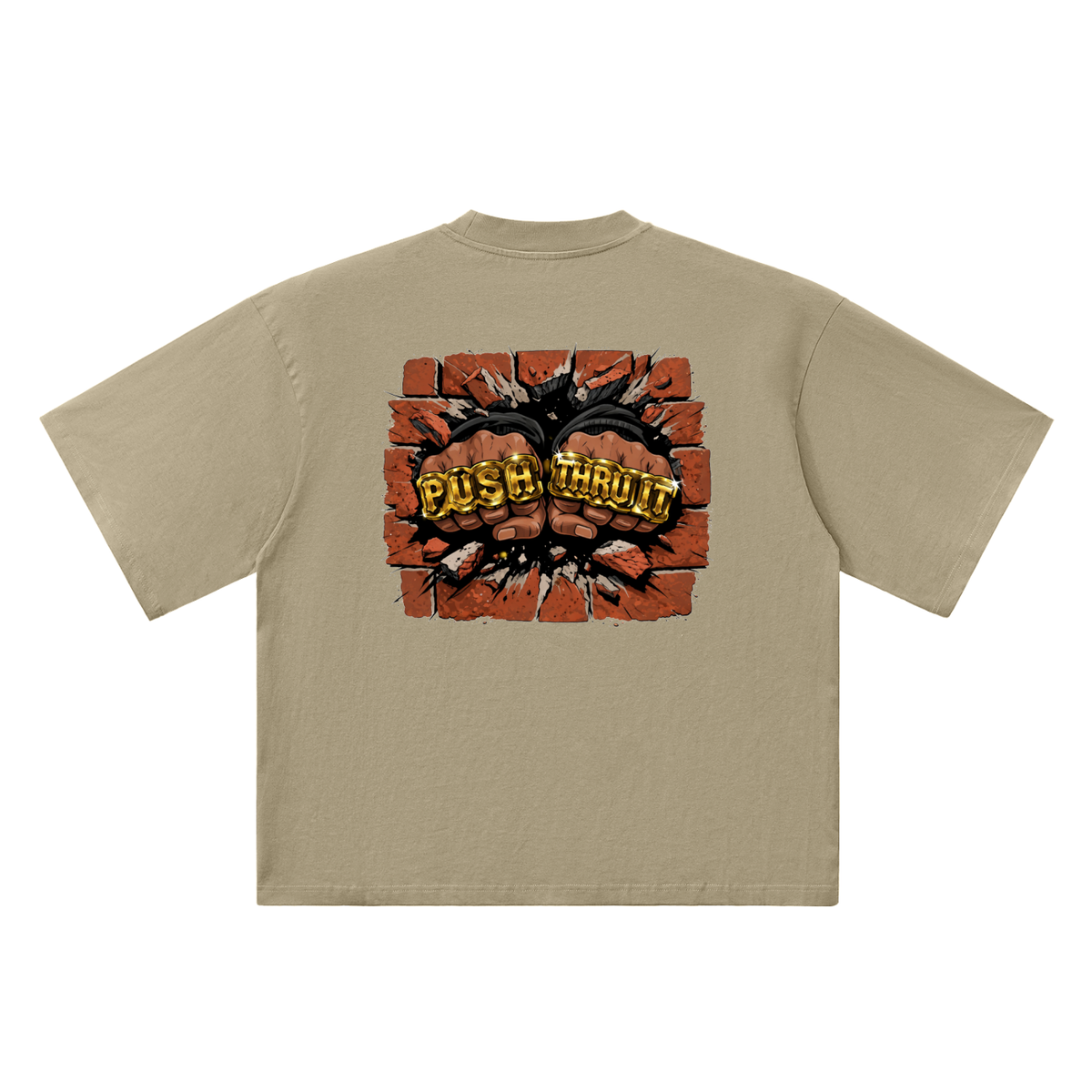 Oversized Drop Shoulder Quarter Sleeve T-Shirt - Men's Push Thru It Brick Wall Graphic Back Print VT