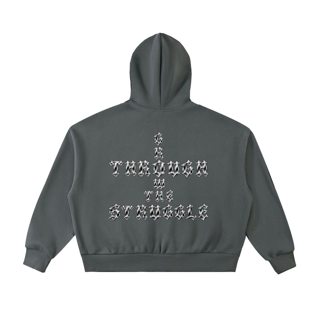Full-Zip Fleece Drop-Shoulder Cropped Boxy Hoodie - Grow Through The Struggle Chrome Back Print