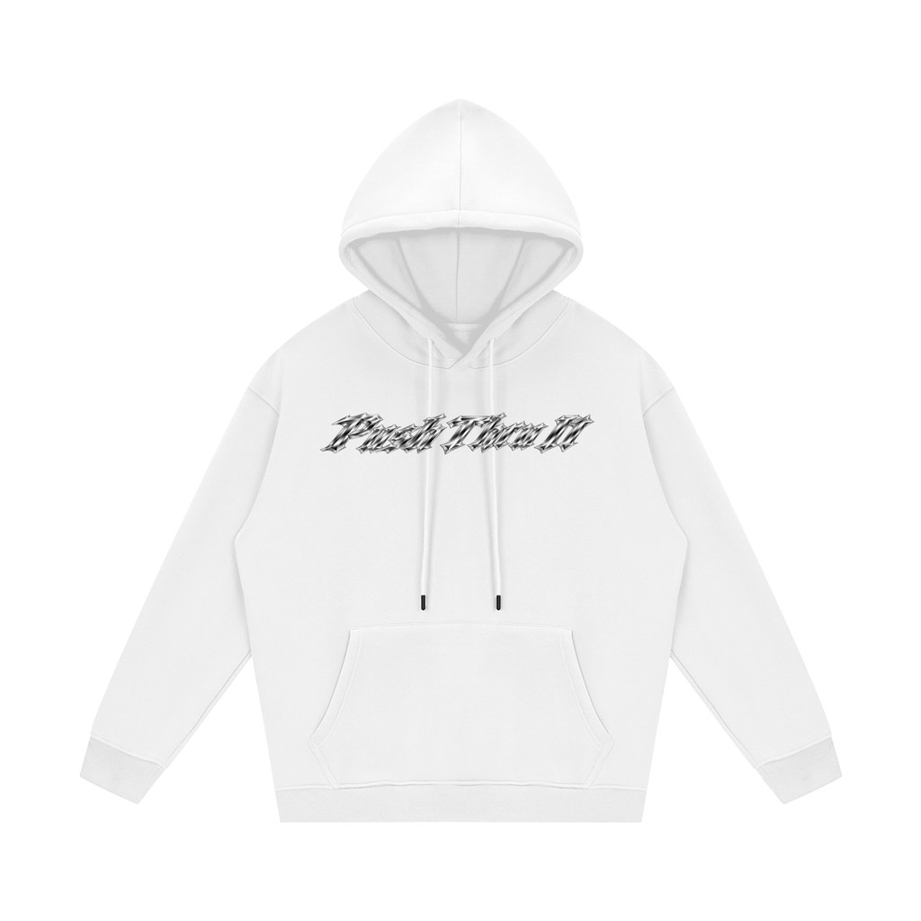 Unisex Heavyweight Relaxed Fleece Hoodie - Push Thru It Chrome Logo Back Print