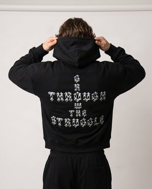 Full-Zip Fleece Drop-Shoulder Cropped Boxy Hoodie - Grow Through The Struggle Chrome Back Print