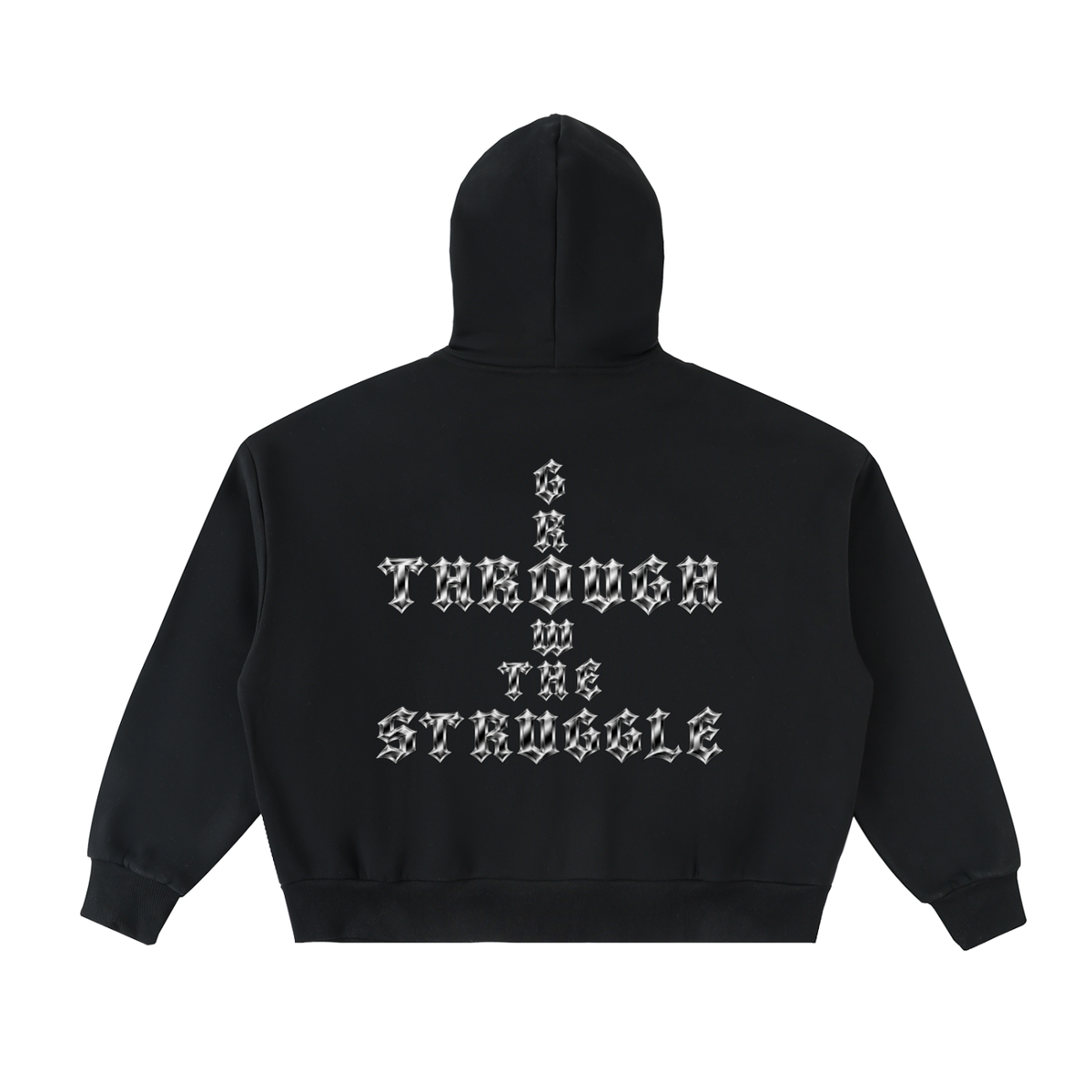 Black full-zip hoodie back view with 'GROW THROUGH THE STRUGGLE' metallic gothic style text on the back against a white background