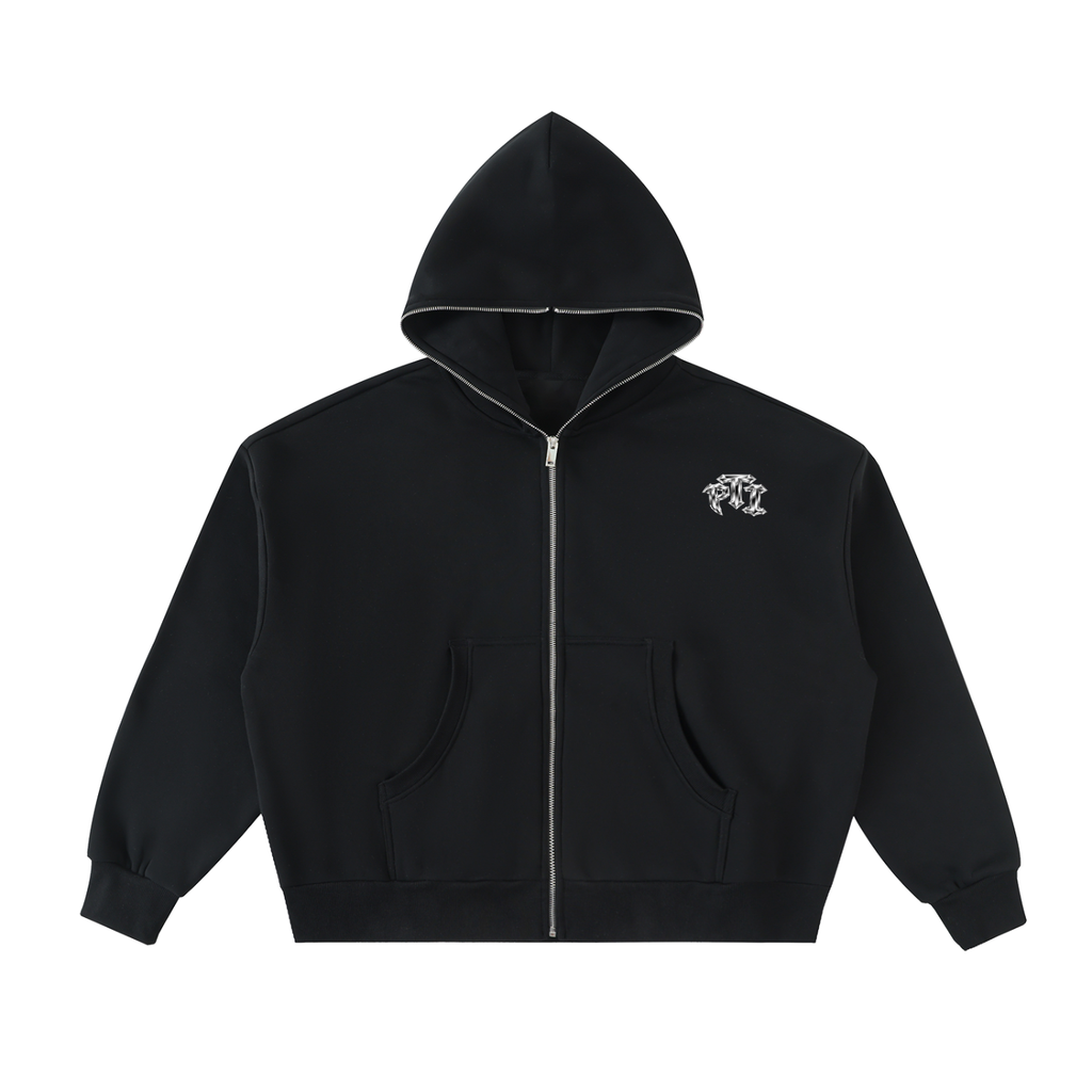 Black full-zip hoodie with a metallic "PTI" brand left chest logo print on a white background