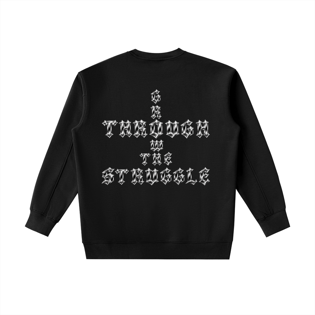 Black sweatshirt with large metallic chrome pattern graphic print of "Grow Through The Struggle" back print on a white background