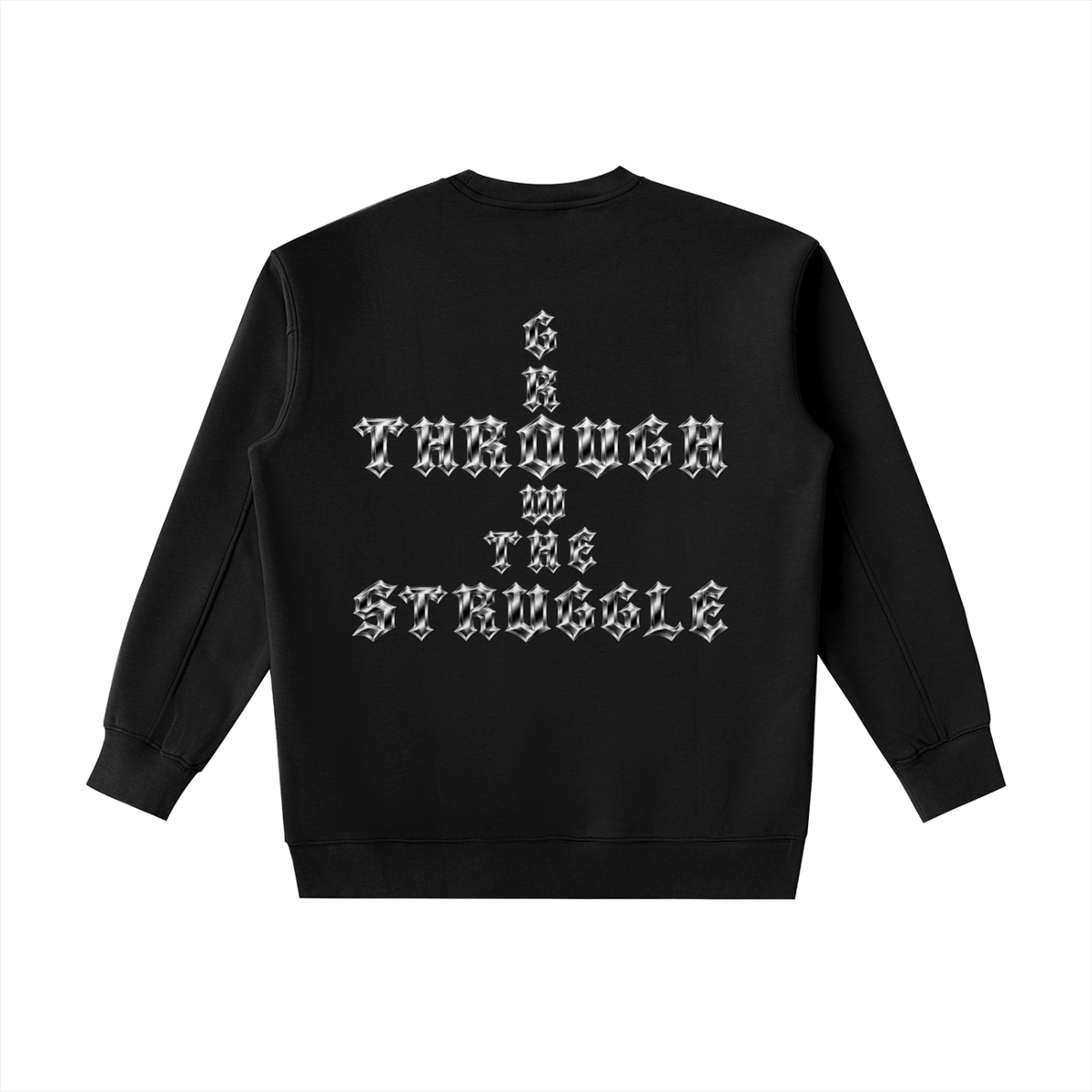 Black sweatshirt with large metallic chrome pattern graphic print of "Grow Through The Struggle" back print on a white background