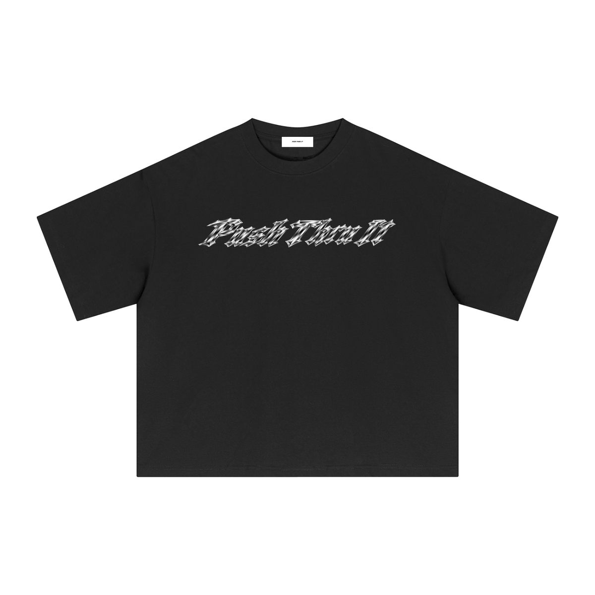 A black short-sleeve crewneck t-shirt with a stylized white script text graphic across the chest reading 'Push Thru It'. The shirt is presented flat against a solid white background.