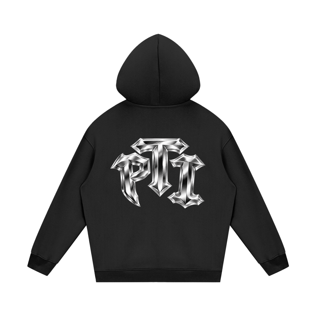 A black pullover hoodie shown from the back, featuring a large metallic silver gothic-style 'PTI' graphic printed across the center back, set against a plain white background.