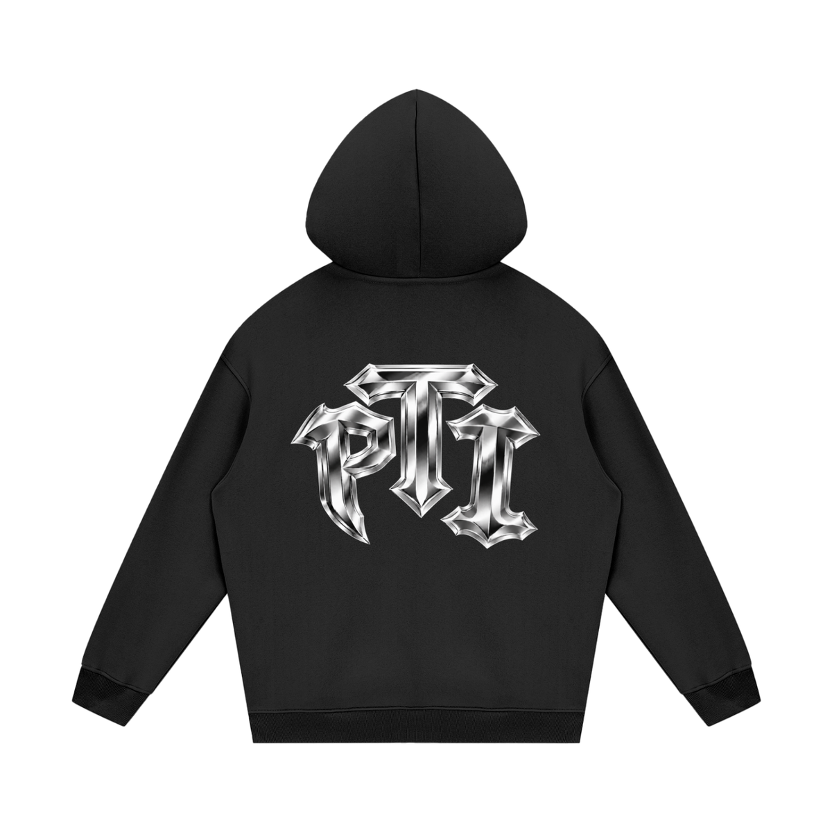 A black pullover hoodie shown from the back, featuring a large metallic silver gothic-style 'PTI' graphic printed across the center back, set against a plain white background.