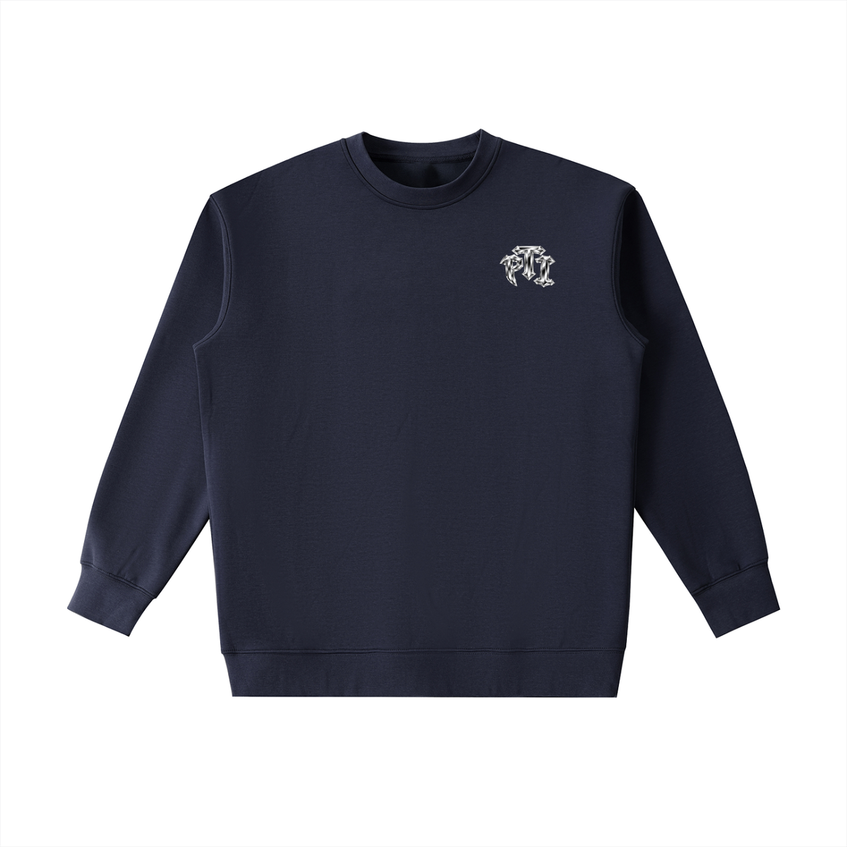 Navy blue sweatshirt with a metallic "PTI" logo on the left chest against a white background