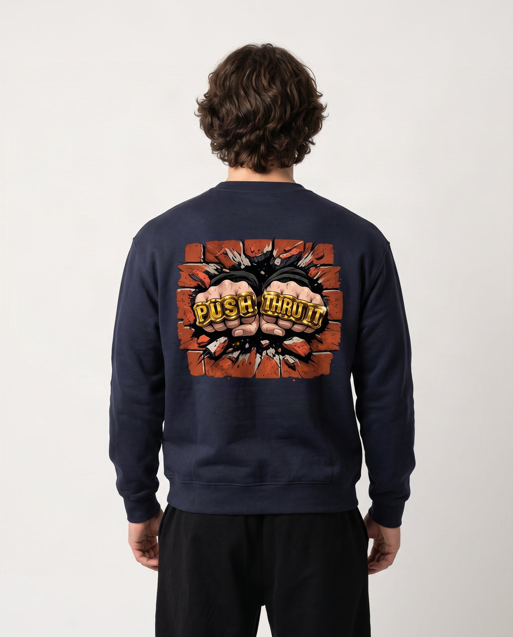 Heavyweight Drop Shoulder Crewneck Sweatshirt - Men's Push Thru It Brick Wall Graphic Back Print VL