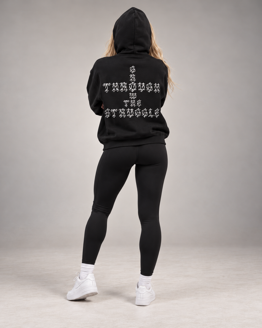 Full-Zip Fleece Drop-Shoulder Cropped Boxy Hoodie - Grow Through The Struggle Chrome Back Print