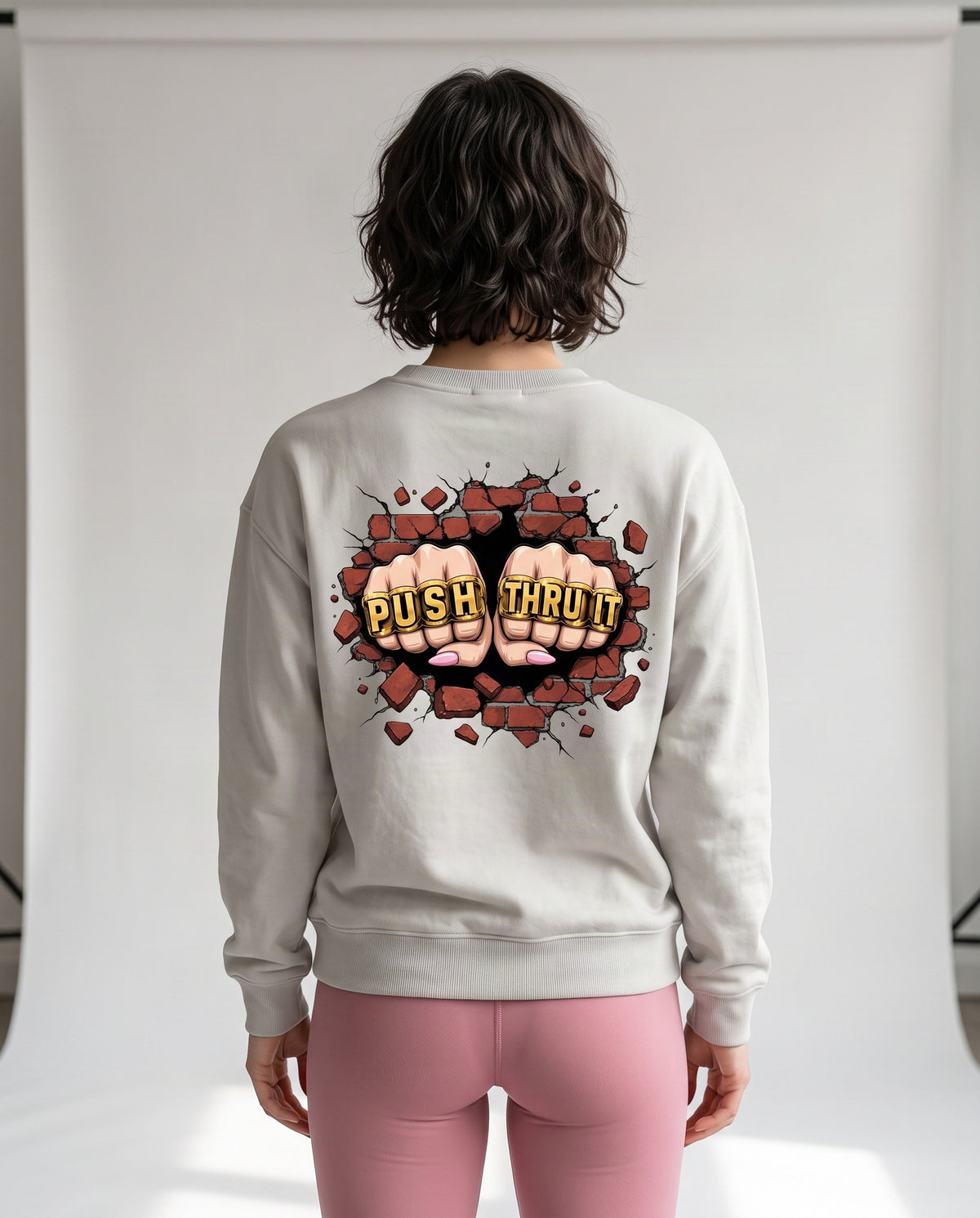 Heavyweight Drop Shoulder Crewneck Sweatshirt - Women's Push Thru It Brick Wall Graphic Back Print VL