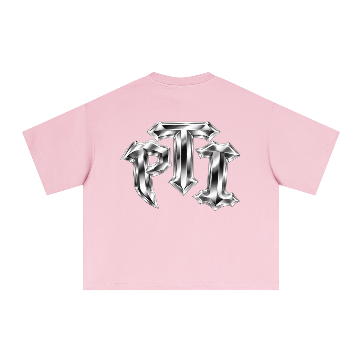 A light pink short-sleeve crop top shown from the back, featuring a large metallic silver gothic-style 'PTI' logo printed across the center.