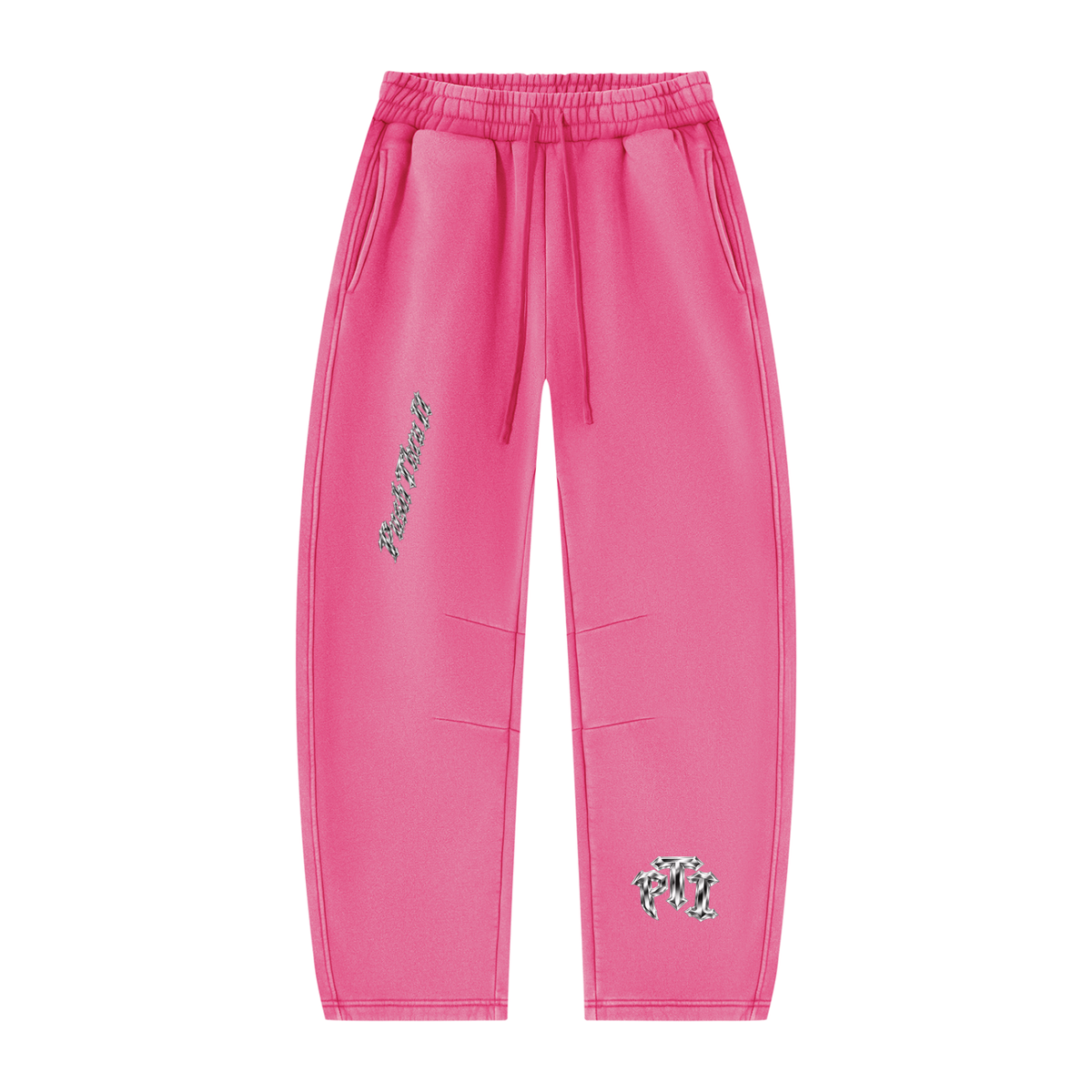 Bright pink jogger sweatpants with an elastic waistband, drawstring, side pockets, and small chrome platinum graphic prints on the legs, shown against a plain white background.