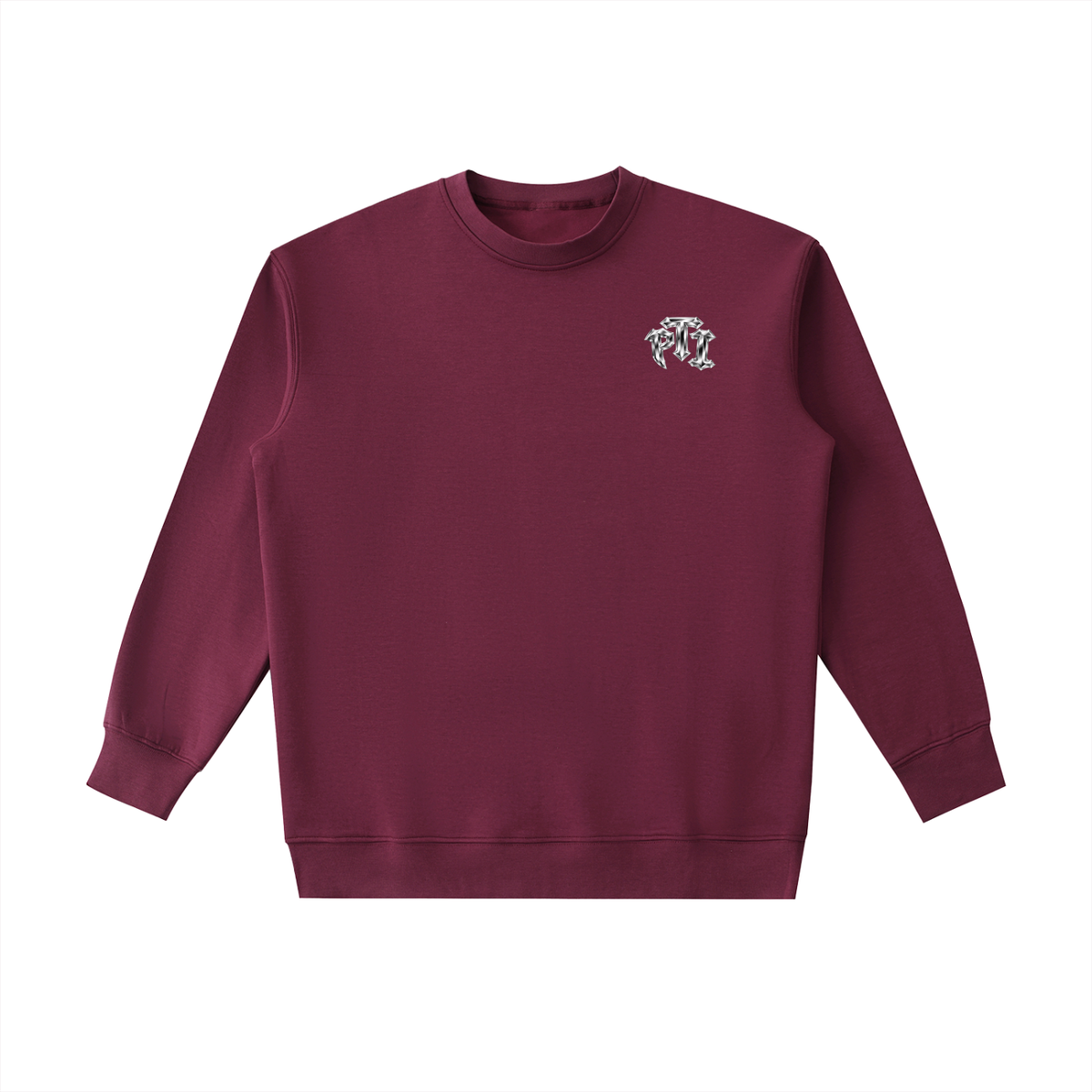 A maroon crewneck sweatshirt with a small metallic "PTI" graphic on the left chest, displayed flat against a solid white background.