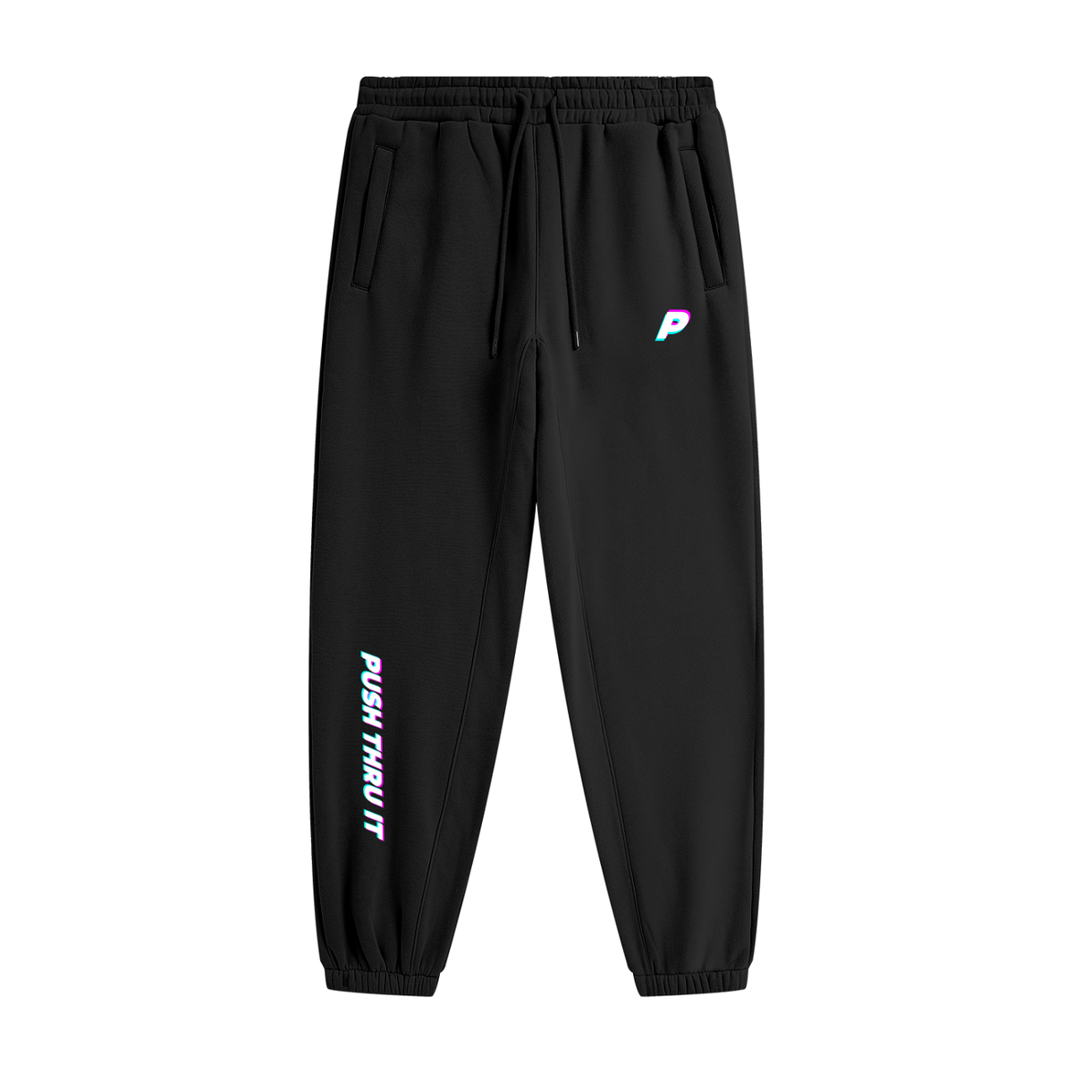 Black jogger sweatpants with a drawstring waist, side pockets, and vertical 'PUSH THRU IT' text printed in a holographic pink and blue gradient on the left leg, with a matching logo on the right hip.