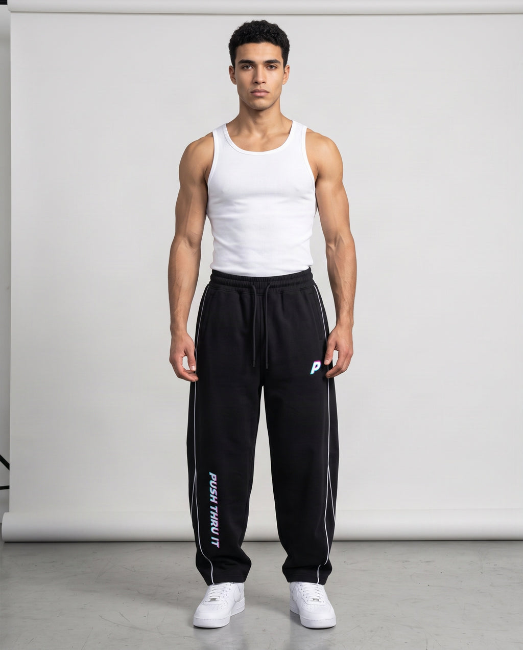 Sporty Unisex Piping Fleece Barrel Wide Leg Sweatpants - Push Thru It Tri-Color Logo Print