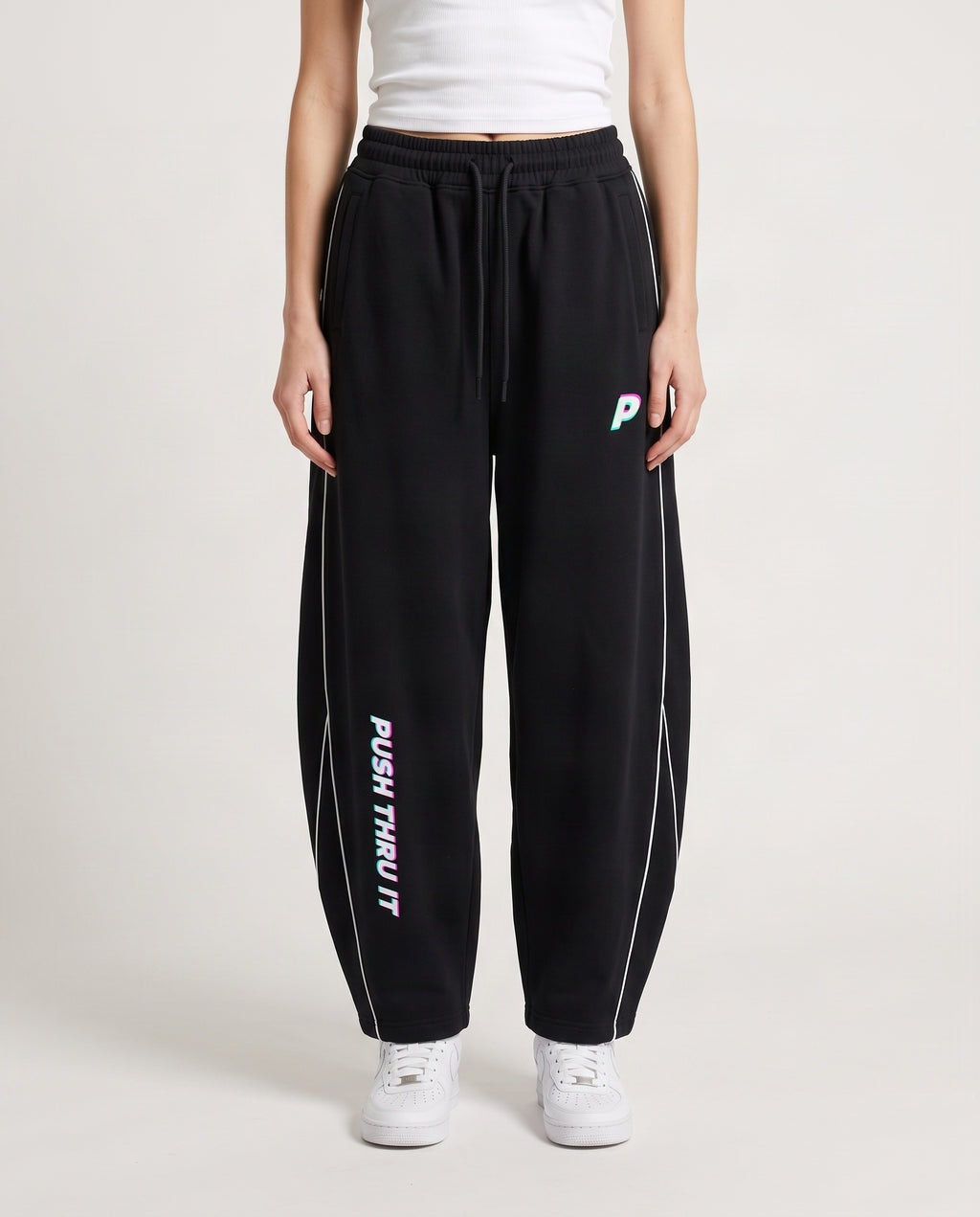 Sporty Unisex Piping Fleece Barrel Wide Leg Sweatpants - Push Thru It Tri-Color Logo Print