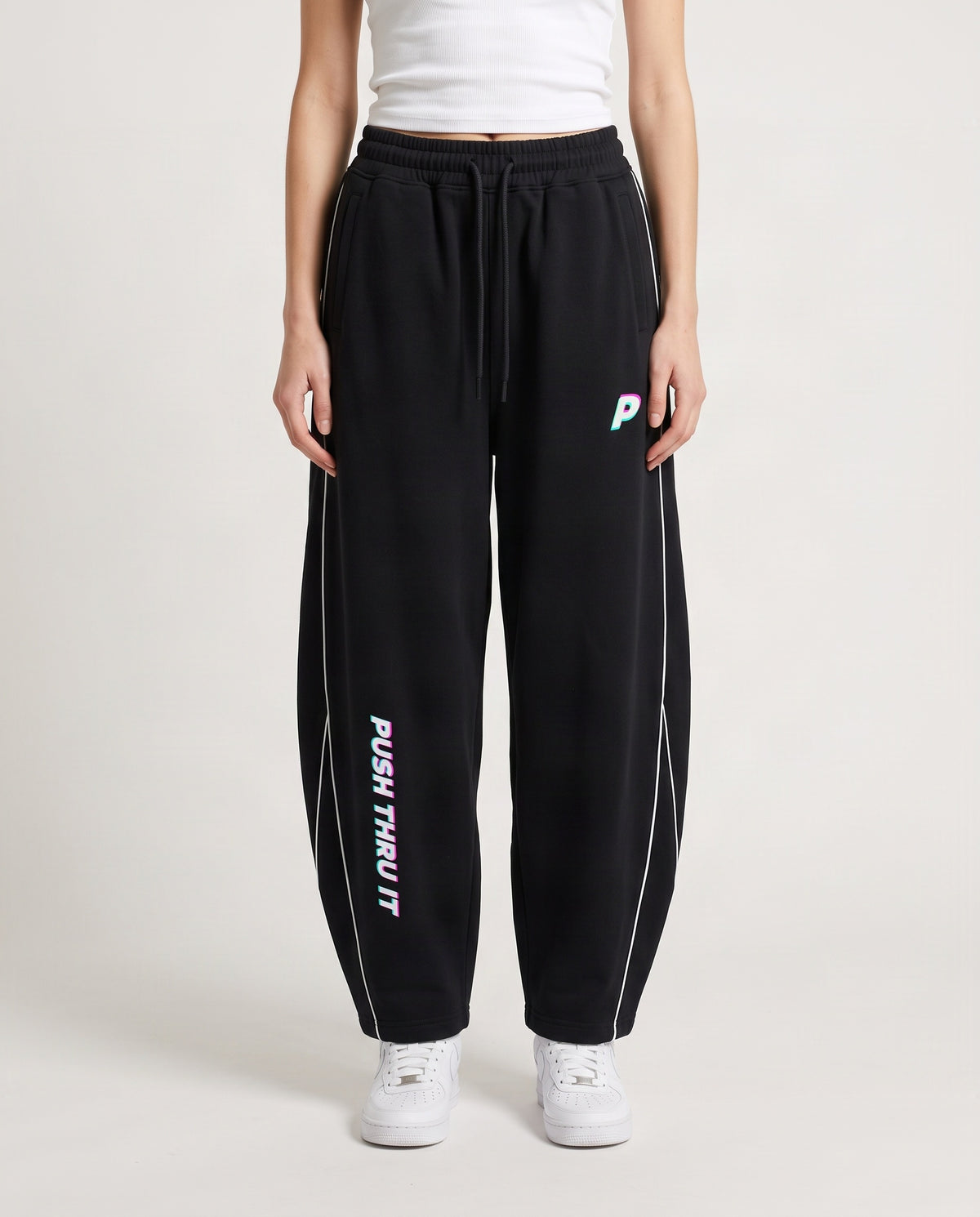 Sporty Unisex Piping Fleece Barrel Wide Leg Sweatpants - Push Thru It Tri-Color Logo Print