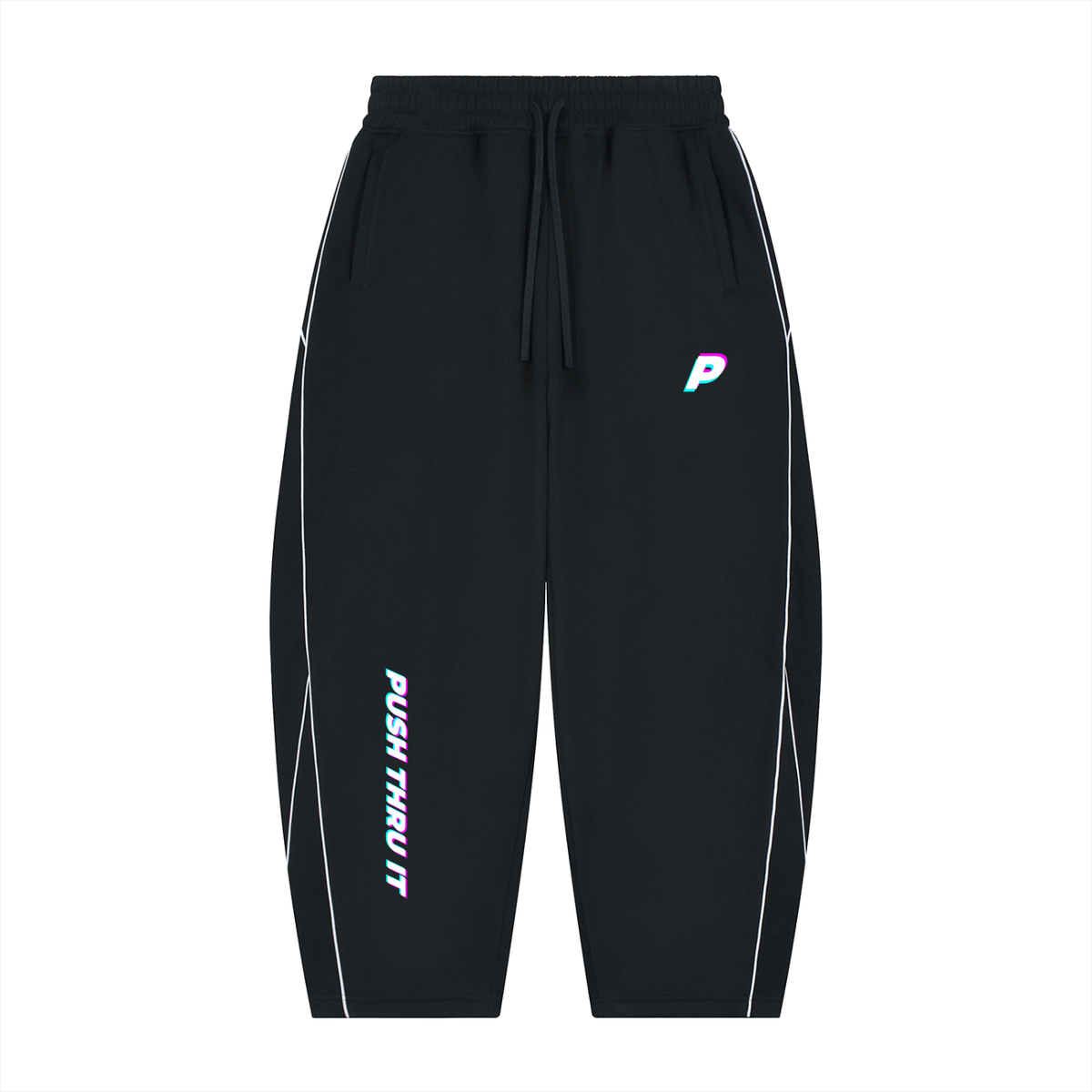 Black athletic jogger pants with white side piping, a matching black drawstring waist, a small holographic 'P' logo on the left hip, and vertical 'PUSH THRU IT' text on the right leg, shown against a plain white background.