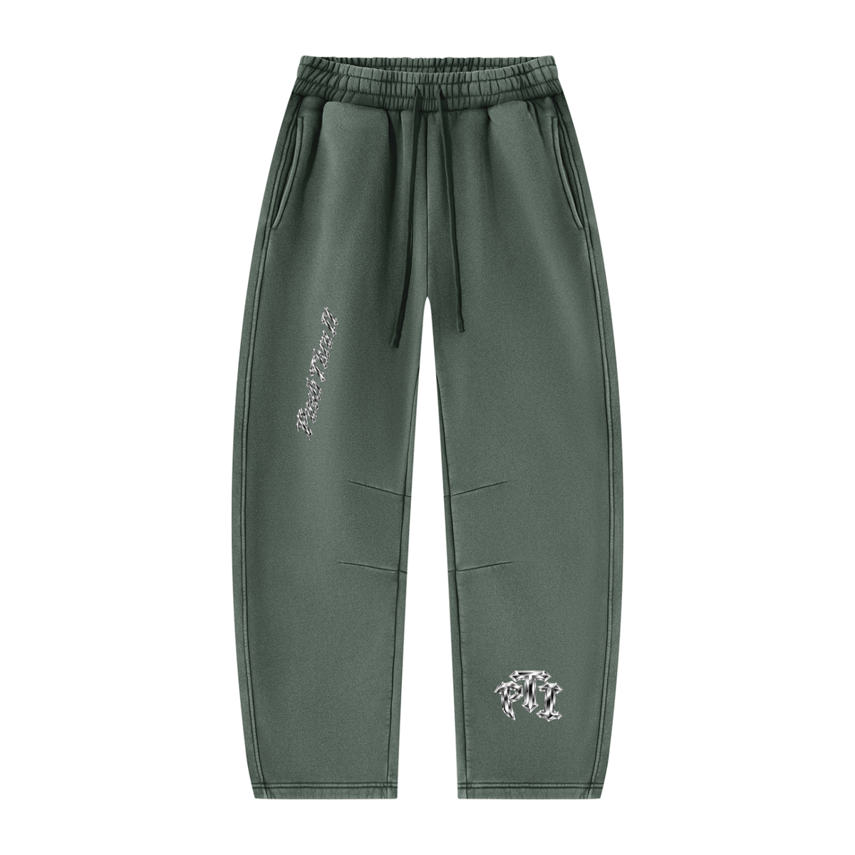 A pair of dark green sweatpants with a drawstring waist, side pockets, and chrome siliver graphic prints on the left leg and lower right leg, shown against a plain white background.