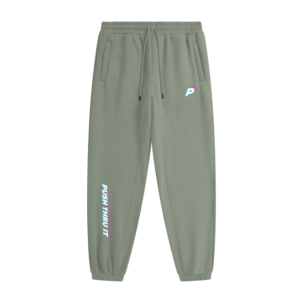 Olive green jogger sweatpants with a drawstring waist, side pockets, and vertical 'PUSH THRU IT' text printed in a holographic pink and blue gradient on the left leg, with a matching logo on the right hip.
