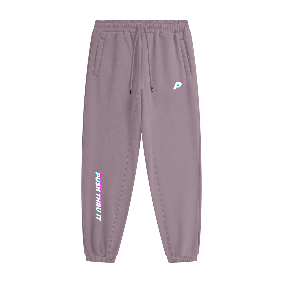 Plum purple jogger sweatpants with a drawstring waist, side pockets, and vertical 'PUSH THRU IT' text printed in a holographic pink and blue gradient on the left leg, with a matching logo on the right hip.
