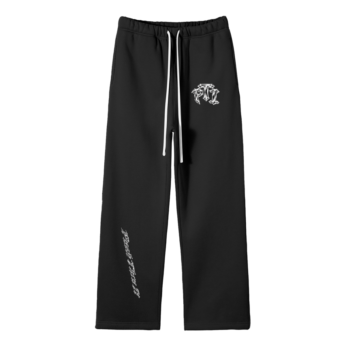 Black straight-leg sweatpants with a white drawstring, a platinum chrome graphic on the left hip, and matching script text on the lower left leg, shown against a plain white background.