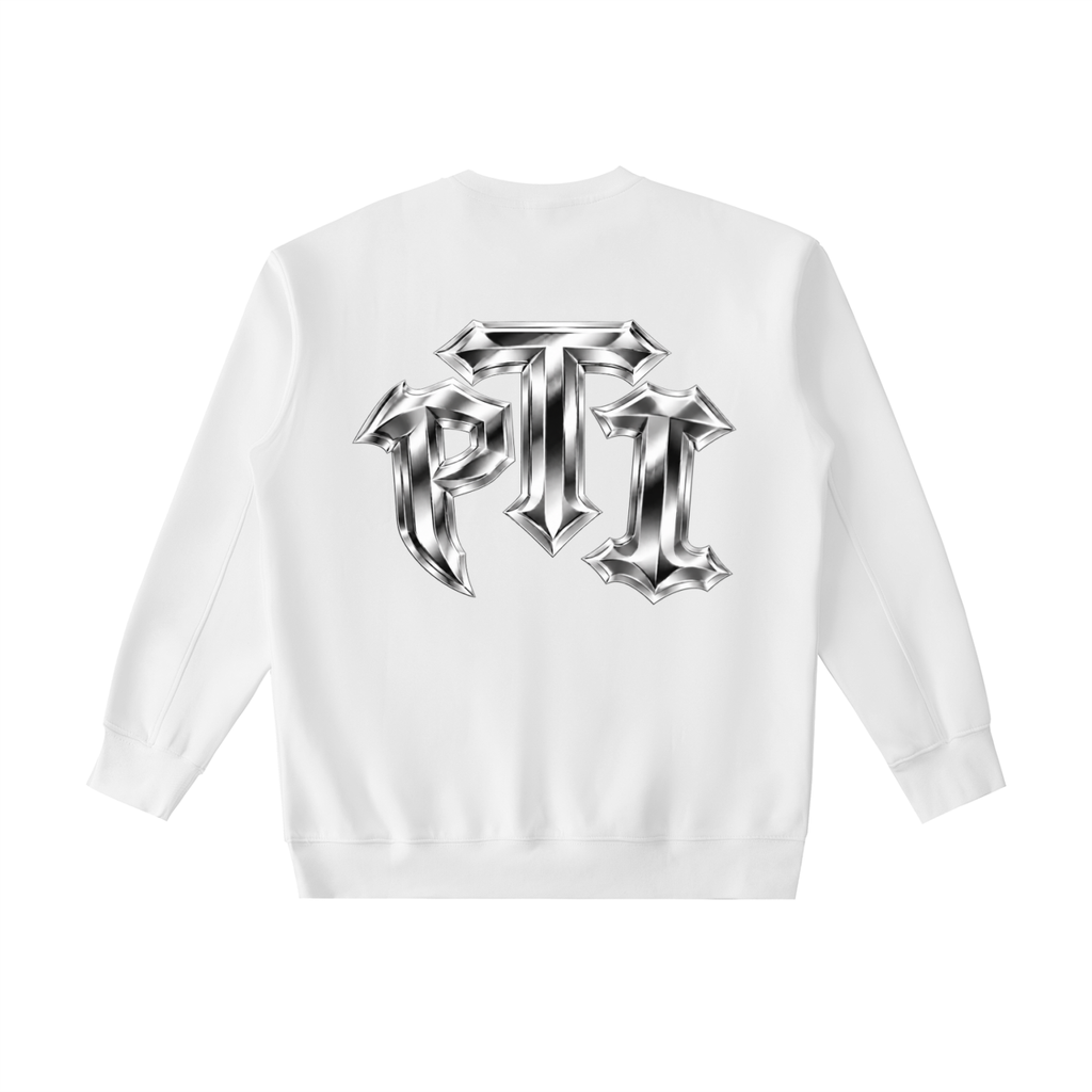 A white crewneck sweatshirt shown from the back, featuring a large, metallic silver gothic-style 'PTI' logo printed across the center.