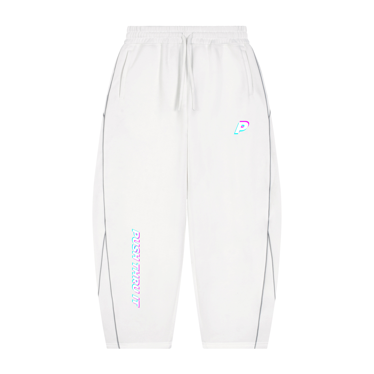 Sporty Unisex Piping Fleece Barrel Wide Leg Sweatpants - Push Thru It Tri-Color Logo Print