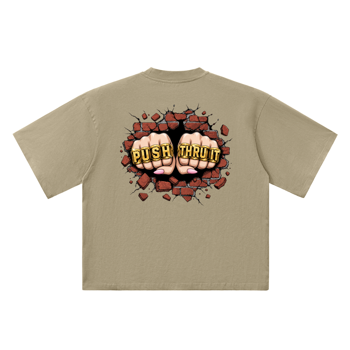 Oversized Drop Shoulder Quarter Sleeve T-Shirt - Women's Push Thru It Brick Wall Graphic Back Print VL