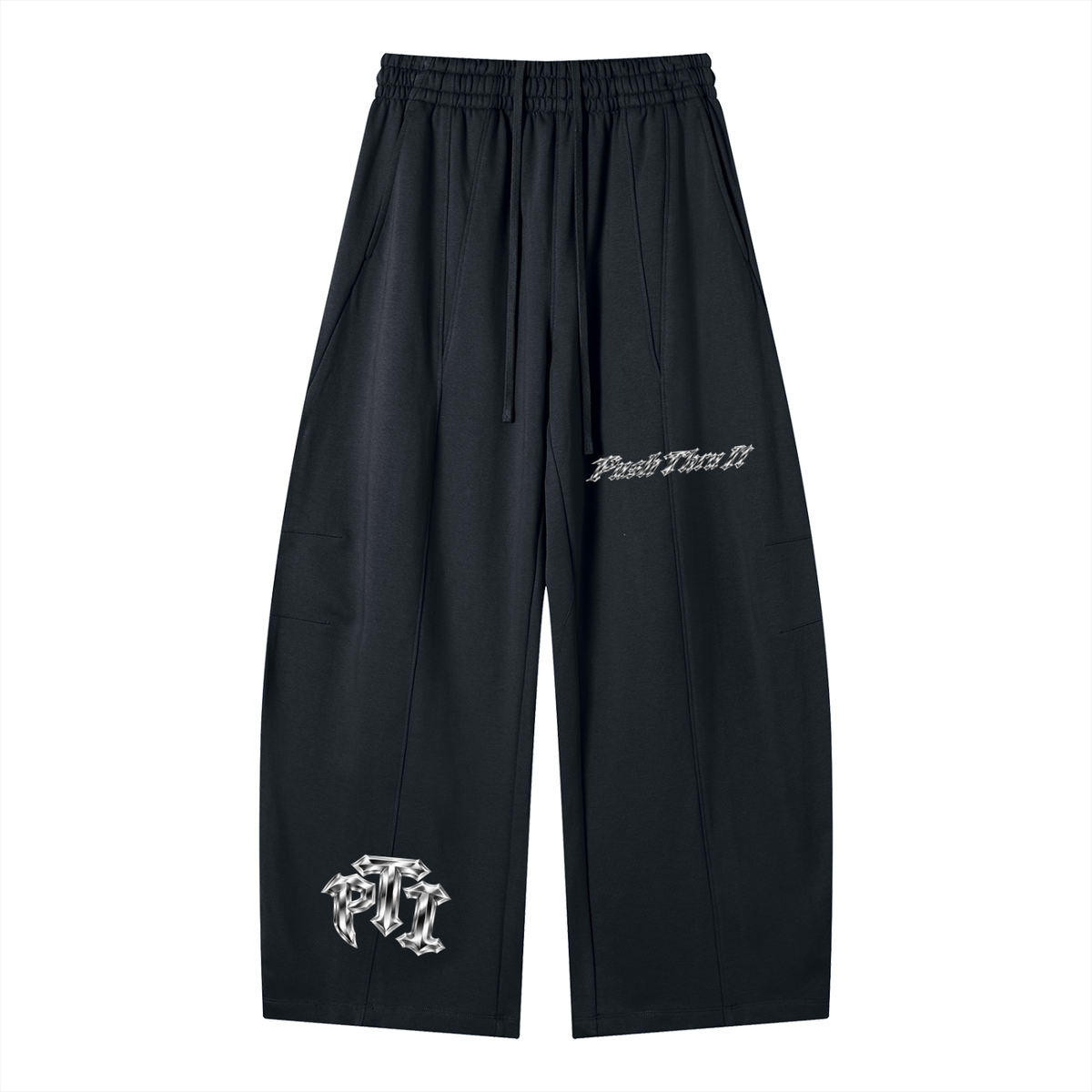 Heavyweight Drawstring Waistband Wide Leg Panel Sweatpants - Push Thru It Chrome Print