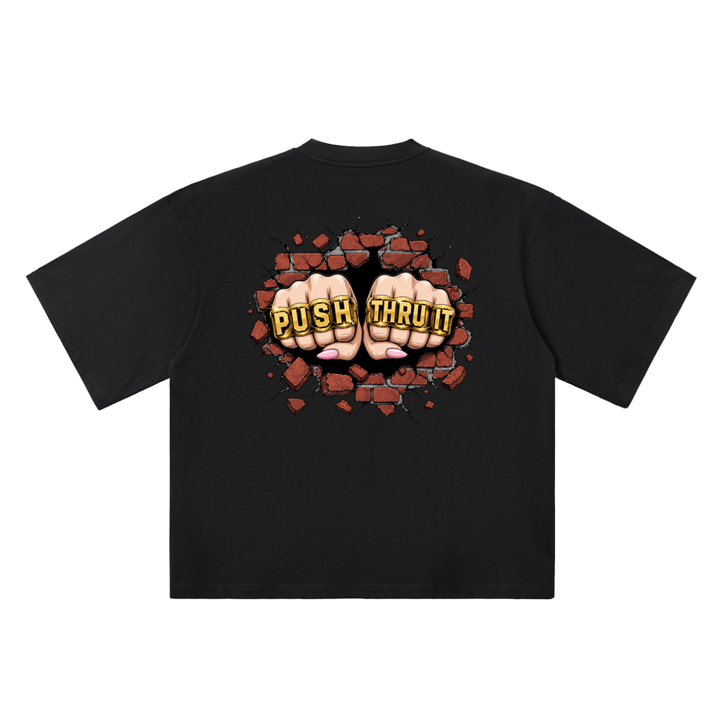 Oversized Drop Shoulder Quarter Sleeve T-Shirt - Women's Push Thru It Brick Wall Graphic Back Print VL