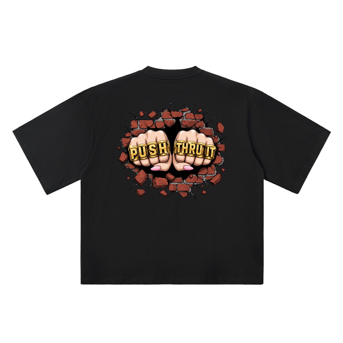 Oversized Drop Shoulder Quarter Sleeve T-Shirt - Women's Push Thru It Brick Wall Graphic Back Print VL