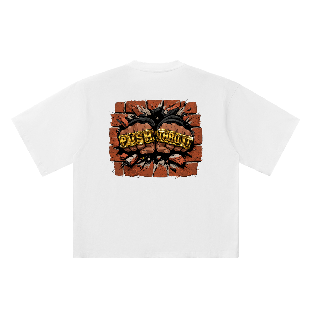 Oversized Drop Shoulder Quarter Sleeve T-Shirt - Men's Push Thru It Brick Wall Graphic Back Print VT